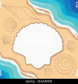 Summer background with shells, waves and frame for your text. Vector illustration. Stock Vector