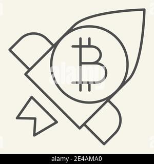 Bitcoin launching thin line icon. Cryptocurrency rocket vector illustration isolated on white. Cryptocurrency spaceship outline style design, designed Stock Vector