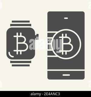 Smart technology and cryptocurrency solid icon. Bitcoin smartwatch and phone vector illustration isolated on white. Bitcoin with wristwatch and mobile Stock Vector