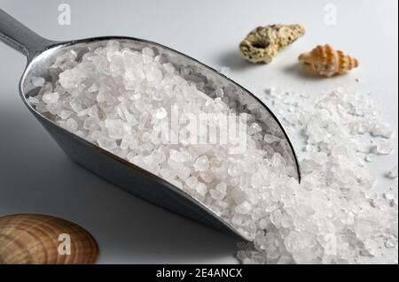 Sea salt in metallic scoop on white background Stock Photo