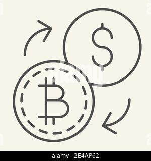 Bitcoin to dollar exchange thin line icon. Cryptocurrency exchange vector illustration isolated on white. Cryptocoin and dollar with arrows outline Stock Vector