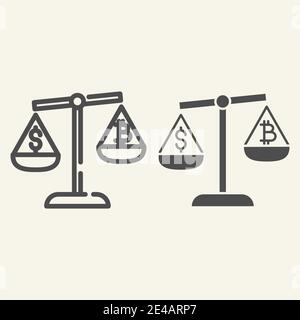 Balance of money and cryptocurrency line and glyph icon. Bitcoin and dollar on scales vector illustration isolated on white. Bitcoin and dollar on Stock Vector