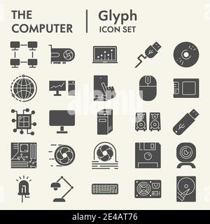 Computer glyph icon set, device symbols collection, vector sketches, logo illustrations, digital signs solid pictograms package isolated on white Stock Vector