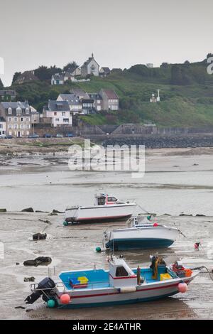 Elevated view of boats in low tide, Port-en-Bessin-Huppain, D-Day Beaches Area, Calvados, Normandy, France Stock Photo