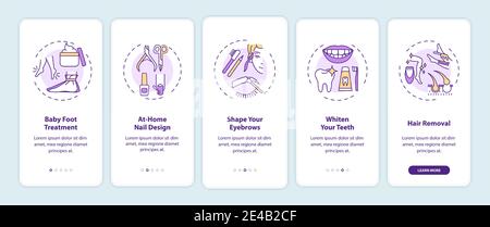 Home beauty procedures onboarding mobile app page screen with concepts Stock Vector