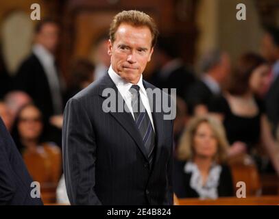 California Governor Arnold Schwarzenegger, whose wife Maria Shriver is the niece of Senator Edward Kennedy, arrives for. during funeral services for U.S. Senator Edward Kennedy at the Basilica of Our Lady of Perpetual Help in Boston, MA, USA, on August 29, 2009. Senator Kennedy died late Tuesday after a battle with cancer. Pool Photo by Brian Snyder/ABACAPRESS.COM (Pictured: Arnold Schwarzenegger) Stock Photo