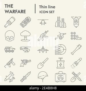 Warfare thin line icon set, army symbols collection, vector sketches, logo illustrations, war signs linear pictograms package isolated on white Stock Vector