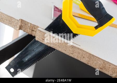 In the kitchen, the square is square-cut for installation of the countertop Stock Photo