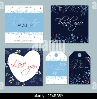 Set of trendy abstract card and tags for valentines day. For advertising flyers, greeting cards and social media posts. Delicate and modern design. Th Stock Vector