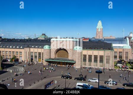 FINLAND, HELSINKI, JUL 02 2017, Main train station at Helsinki (Helsingin Rautatieasema), Finland. Outside the Helsinki Central Railway Station. Stock Photo