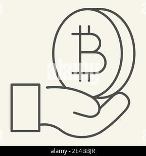 Open hand with bitcoin thin line icon. Palm with cryptocurrency vector illustration isolated on white. Crypto coin in arm outline style design Stock Vector