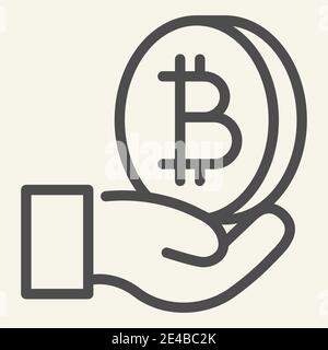 Open hand with bitcoin line icon. Palm with cryptocurrency vector illustration isolated on white. Crypto coin in arm outline style design, designed Stock Vector