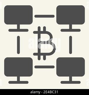 Bitcoin computer network solid icon. Bitcoin network platform vector illustration isolated on white. Cryptocurrency glyph style design, designed for Stock Vector