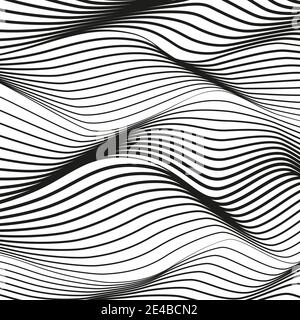 Vector monochrome striped background. Deformed black lines on white surface. Abstract op art pattern. Ripple, warped, wavy lines. Tech design. EPS10 Stock Vector
