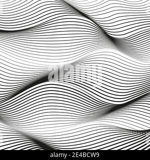 Deformed black, white striped surface. Vector background. Abstract op art pattern. Squiggle, warped, waving lines. Tech design. Modern concept. EPS10 Stock Vector