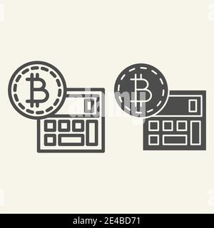 Bitcoin calculator line and glyph icon. Accounting and crypto coin vector illustration isolated on white. Cryptocurrency calculation outline style Stock Vector