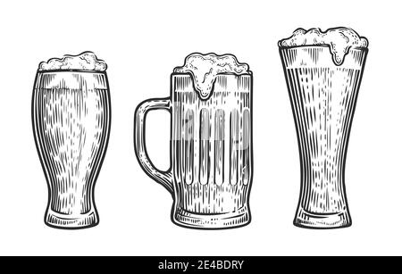 Vector set of beer glasses and mugs. Sketch vintage vector isolated on white Stock Vector