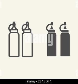 Ketchup and mustard line and glyph icon. Two bottles with sauce vector illustration isolated on white. Container outline style design, designed for Stock Vector
