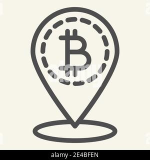 Bitcoin location line icon. Bitcoin and map pin vector illustration isolated on white. Cryptocurrency map pointer outline style design, designed for Stock Vector