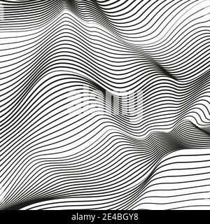 Abstract black and white deformed background. Modern conceptual illusion. Vector squiggle lines, optical effect. Scientific waving pattern. EPS10 Stock Vector