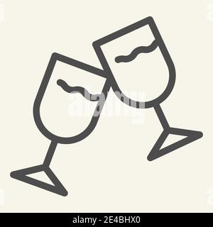Wine glasses line icon. Two cheering glass outline style pictogram on white background. Couple of champagne glasses clinking for mobile concept and Stock Vector