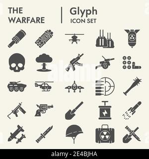 Warfare glyph icon set, army symbols collection, vector sketches, logo illustrations, war signs solid pictograms package isolated on white background Stock Vector