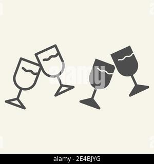 Wine glasses line and solid icon. Two cheering glass outline style pictogram on white background. Couple of champagne glasses clinking for mobile Stock Vector