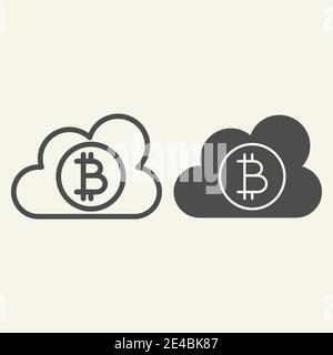 Cloud with bitcoin line and glyph icon. Crypto coin on cloud vector illustration isolated on white. Cryptocurrency mining service outline style design Stock Vector