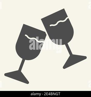 Wine glasses solid icon. Two cheering glass glyph style pictogram on white background. Couple of champagne glasses clinking for mobile concept and web Stock Vector