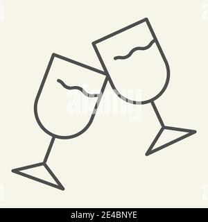 Wine glasses thin line icon. Two cheering glass outline style pictogram on white background. Couple of champagne glasses clinking for mobile concept Stock Vector