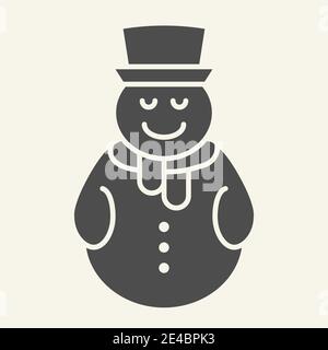 Snowman solid icon. Snowy man with hat and scarf glyph style pictogram on white background. Festive New Year and Christmas greeting card for mobile Stock Vector