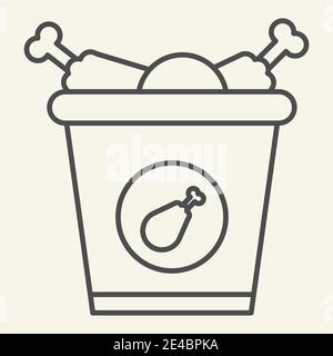 Bucket of chicken legs thin line icon. Street fast food vector illustration isolated on white. Fried chicken legs outline style design, designed for Stock Vector