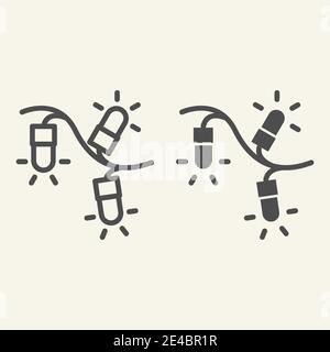 Garlands line and solid icon. Christmas lights outline style pictogram on white background. Glowing light bulb for Xmas and New Year decoration for Stock Vector