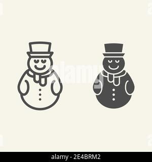 Snowman line and solid icon. Snowy man with hat and scarf outline style pictogram on white background. Festive New Year and Christmas greeting card Stock Vector