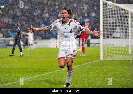 Milan's Filippo Inzaghi celebrates his second goal during the UEFA Champions League soccer match, Olympique de Marseille vs AC Milan at the Velodrome stadium in Marseille, France on September 15, 2009. Milan won 2-1. Photo by Stephane Reix/ABACAPRESS.COM Stock Photo
