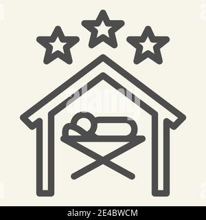 Christmas scene line icon. Birth of Christ holy night outline style pictogram on white background. Baby Jesus lies in manger under stars for mobile Stock Vector