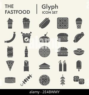 Fastfood glyph icon set, snack symbols collection, vector sketches, logo illustrations, eat signs solid pictograms package isolated on white Stock Vector