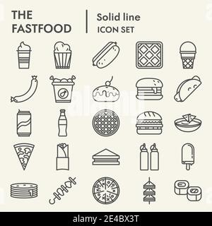 Fastfood line icon set, snack symbols collection, vector sketches, logo illustrations, eat signs linear pictograms package isolated on white Stock Vector