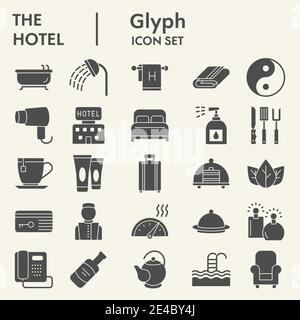 Hotel solid icon set, travel symbols set collection or vector sketches. Hotels services signs set for computer web, the glyph pictogram style package Stock Vector