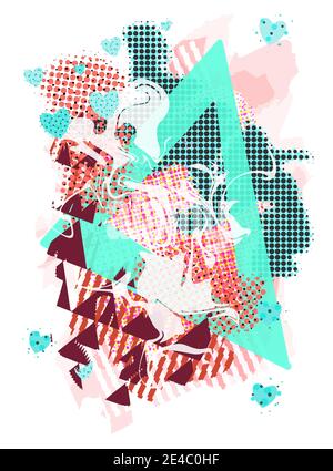 Abstract fun liquid shape fluid design geometric shapes, triangle frame, dots, spots and line patterns composition. Modern eps10 layered vector illust Stock Vector