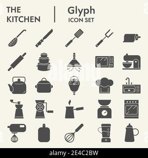 Kitchen solid icon set, cooking symbols set collection or vector sketches. Cookware and appliances signs set for computer web, the glyph pictogram Stock Vector