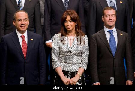 Group of 20 nations leaders (L-R) Felipe Calderon, president of Mexico, Cristina Fernandez de Kirchner, president of Argentina, and Dmitry Medvedev, president of Russia, wait for a G-20 family photo on day two of the G-20 summit in Pittsburgh, PA, USA on September 25, 2009. G-20 leaders are working on an accord to prevent a repeat of the worst global financial crisis since the Great Depression and ensure a sustained recovery. Photo by Andrew Harrer/ABACAPRESS.COM Stock Photo