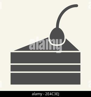 Cake piece solid icon. Delicious dessert with cream and cherry glyph style pictogram on white background. Piece of chocolate piecake for mobile Stock Vector