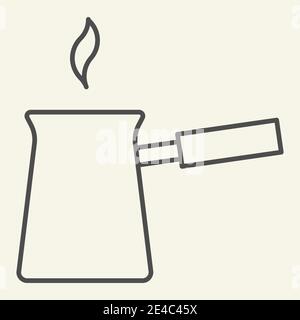Turk with hot coffee thin line icon. Turkish Cezve symbol, outline style pictogram on beige background. Traditional coffee pot sign for mobile concept Stock Vector