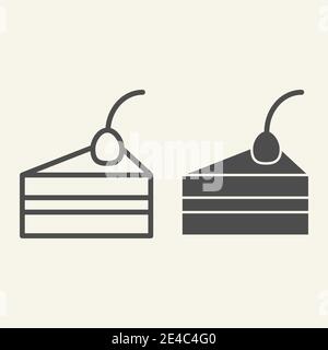 Cake piece line and solid icon. Delicious dessert with cream and cherry outline style pictogram on white background. Piece of chocolate piecake for Stock Vector