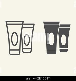 Cream tube line and solid icon. Two cosmetic cream tubes symbol, outline style pictogram on beige background. Hotel cosmetics sign for mobile concept Stock Vector