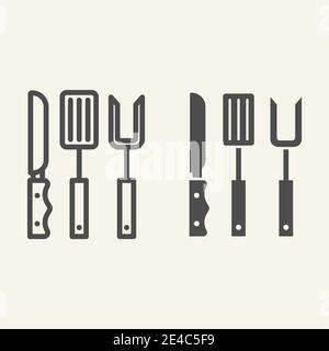 BBQ grill cutlery line and solid icon. Roasting utensil symbol, outline style pictogram on beige background. Butcher knives, fork and spatula sign for Stock Vector