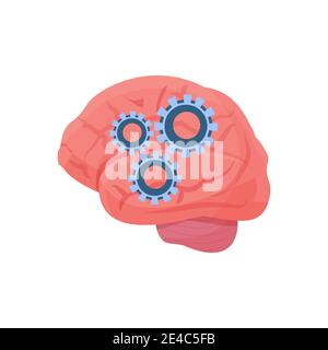 Brain human organ with cogwheels, productivity and mental health concept isolated on white background. Creative symbol of efficiency, development syst Stock Vector