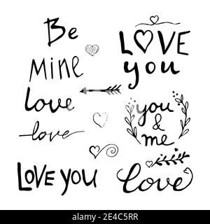 Set of hand drawn quotes, text, romantic element isolated on white background. Be mine, Love you, you and me decorated with arrow, hearts. Cute print Stock Vector