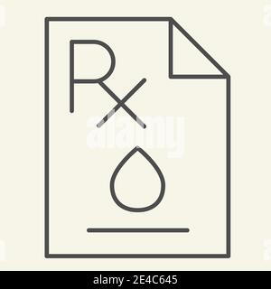 Blood test thin line icon. RX text on paper sheet with blood drop outline style pictogram on white background. Medical report for mobile concept and Stock Vector